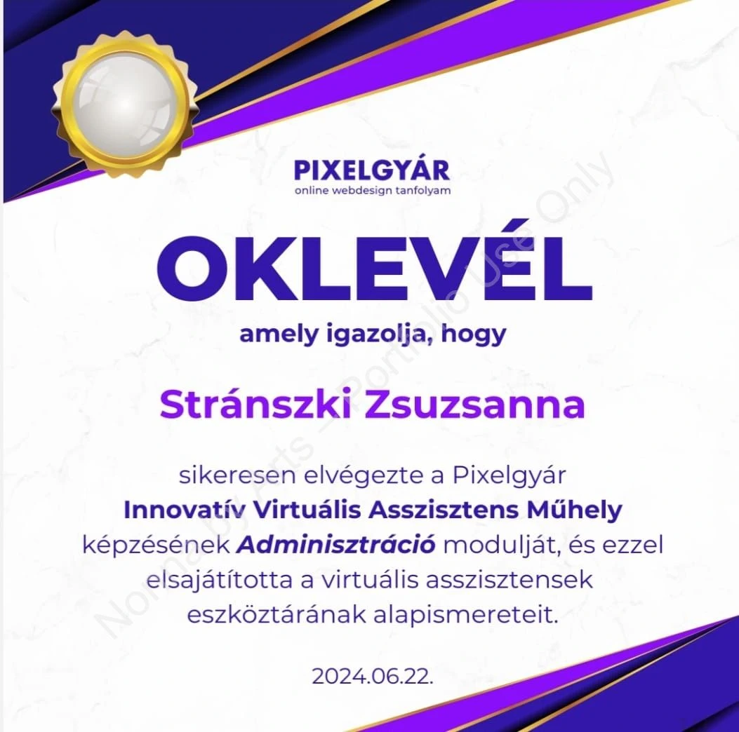 VA Adminisztráció oklevél